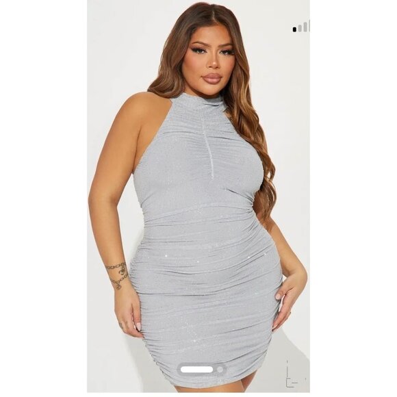 Fashion Nova Dress Womens XL Silver Adaline Mini Dress Ruched Halter‎ Prom NEW - Picture 1 of 12